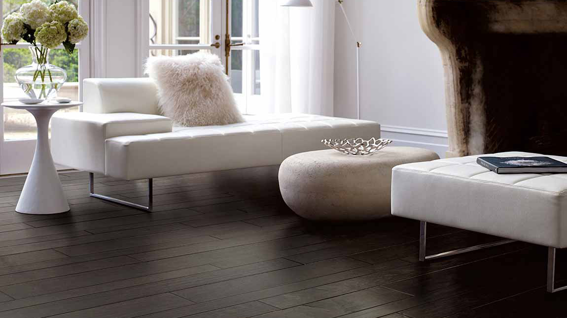 Hardwood flooring in a living room, installation service available.